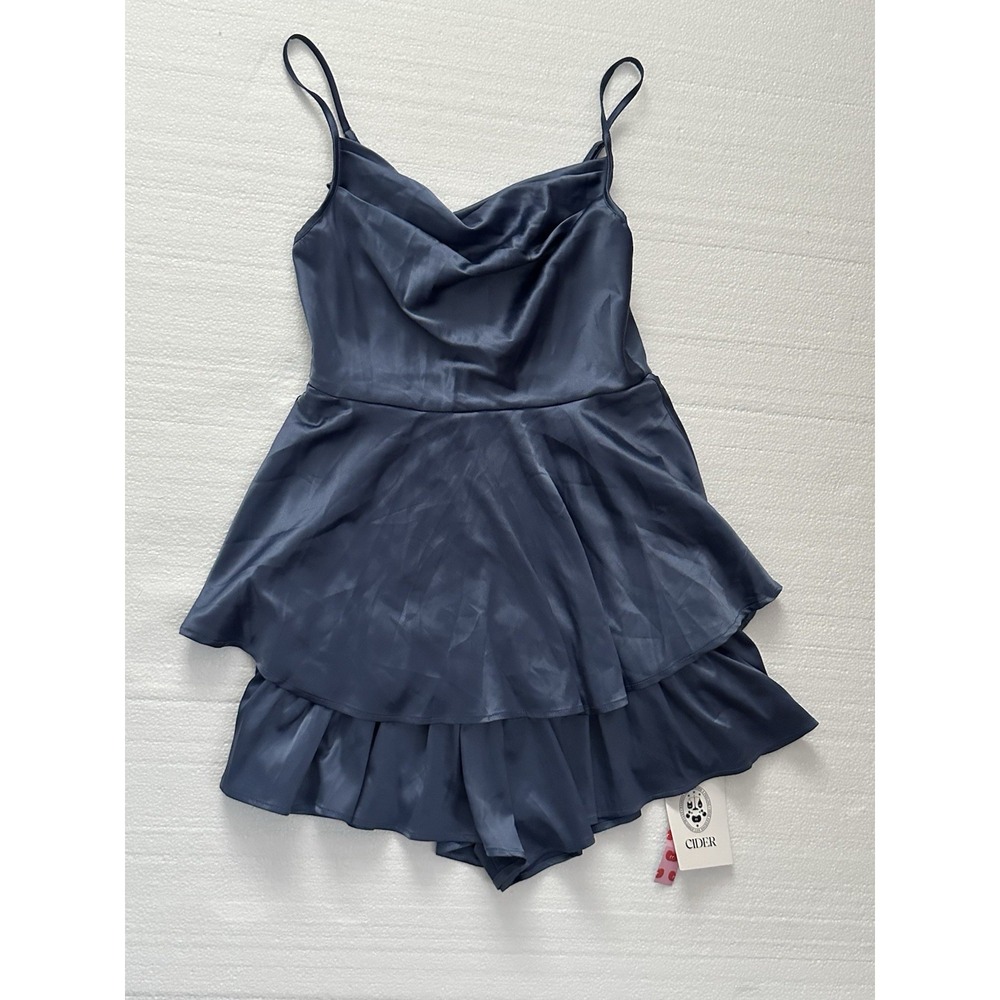 Cider Steele Blue Mini Romper Small Tiered Ruffle Strappy Spring Party Dress